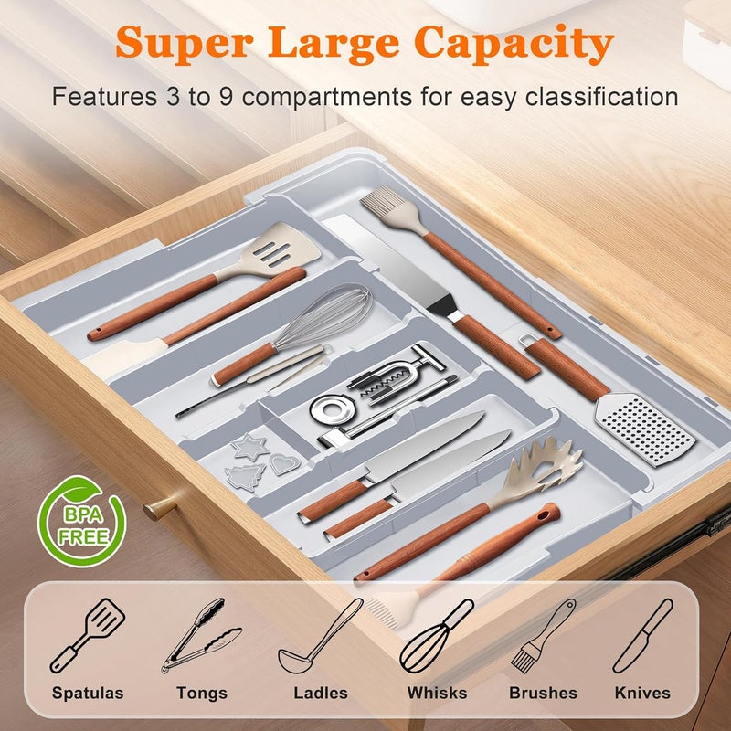 Spaclear Large Utensil Drawer Organizer Expandable Silverware Organizer for Kitchen Drawer Adjustable Cooking Utensil Holder Cutlery Flatware Tray Spatula Tools Gadgets Storage Dividers Plastic Grey - Image 2